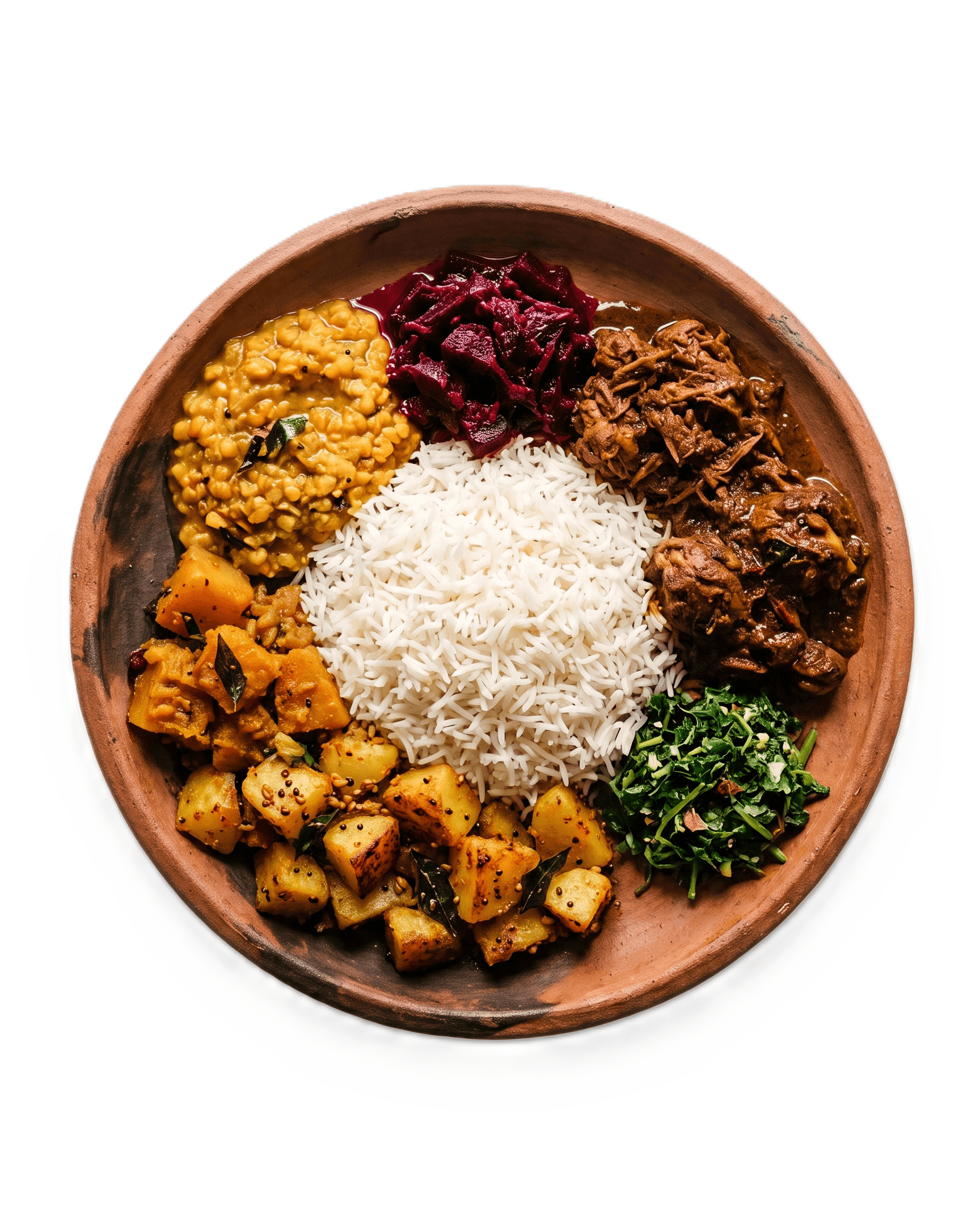 Traditional Sri Lankan rice and curry meal shot from above