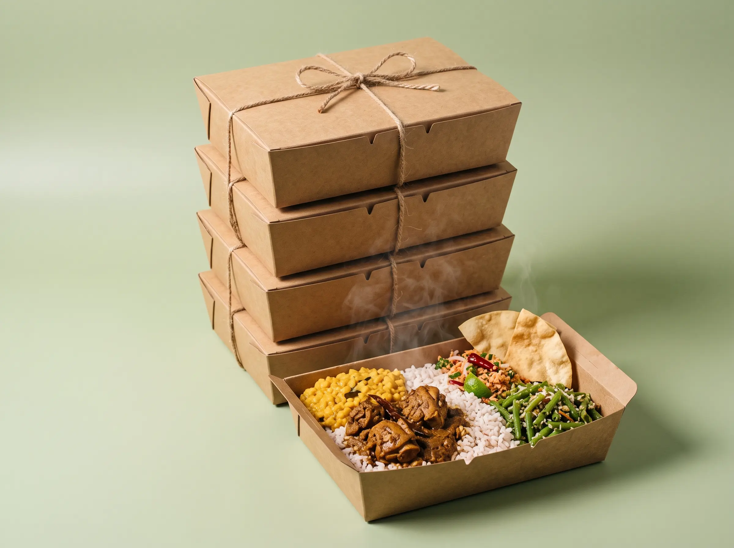 Stacked Sri Lankan lunch packs ready for pickup